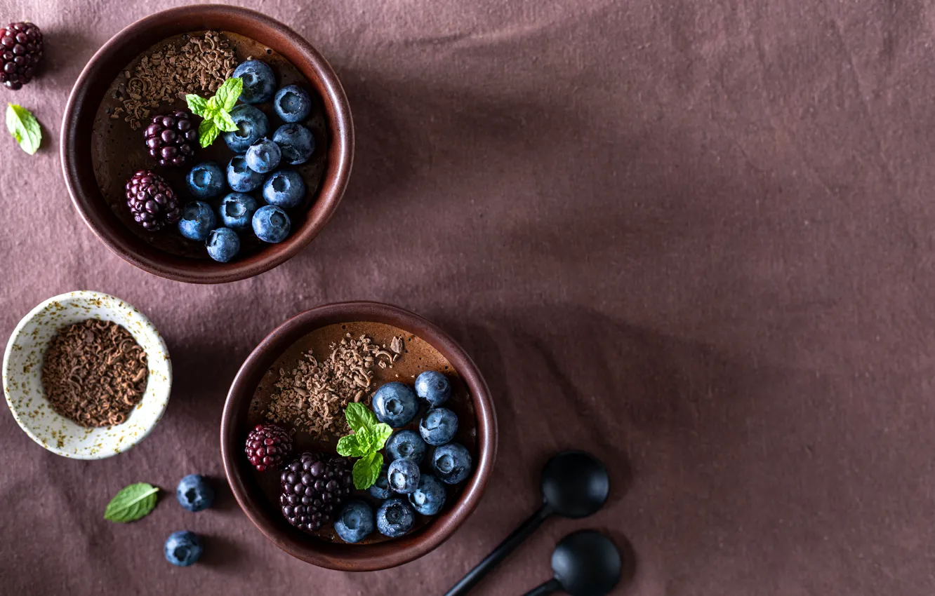Photo wallpaper berries, blueberries, spoon, fabric, bowl, mint, dessert, BlackBerry