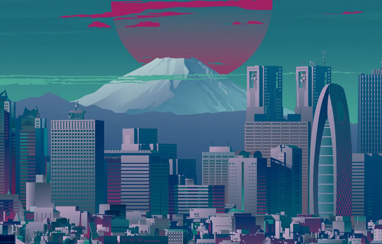 Photo wallpaper The sun, Home, The city, Japan, View, The volcano, Style, Skyscrapers