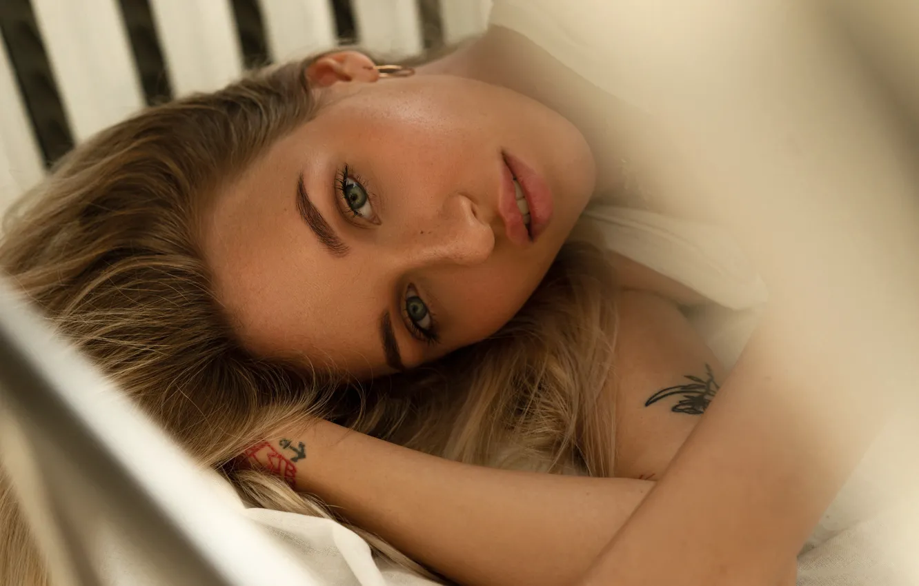 Photo wallpaper girl, photo, blue eyes, model, tattoo, lips, blonde, portrait