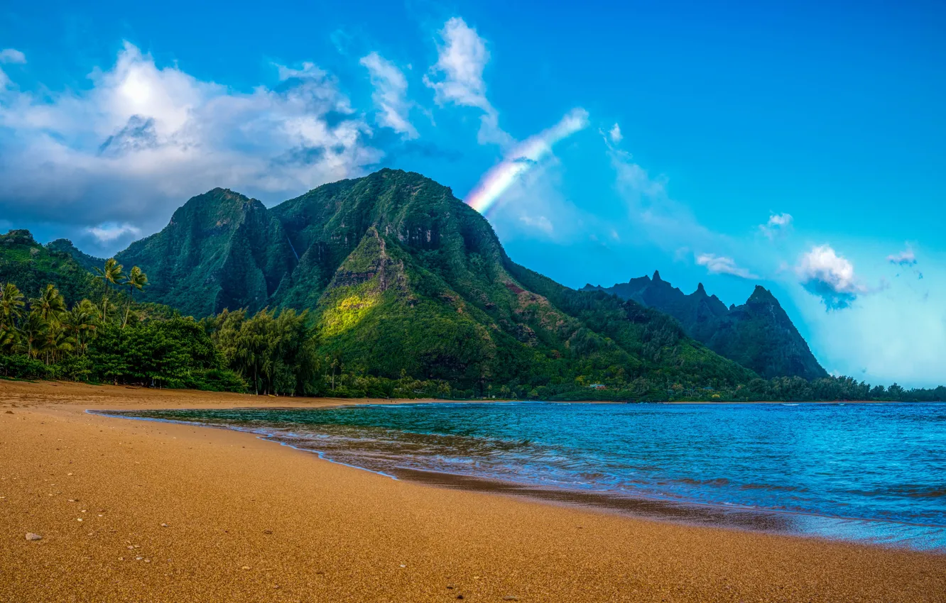 Photo wallpaper sea, beach, mountains, rocks, shore, panorama