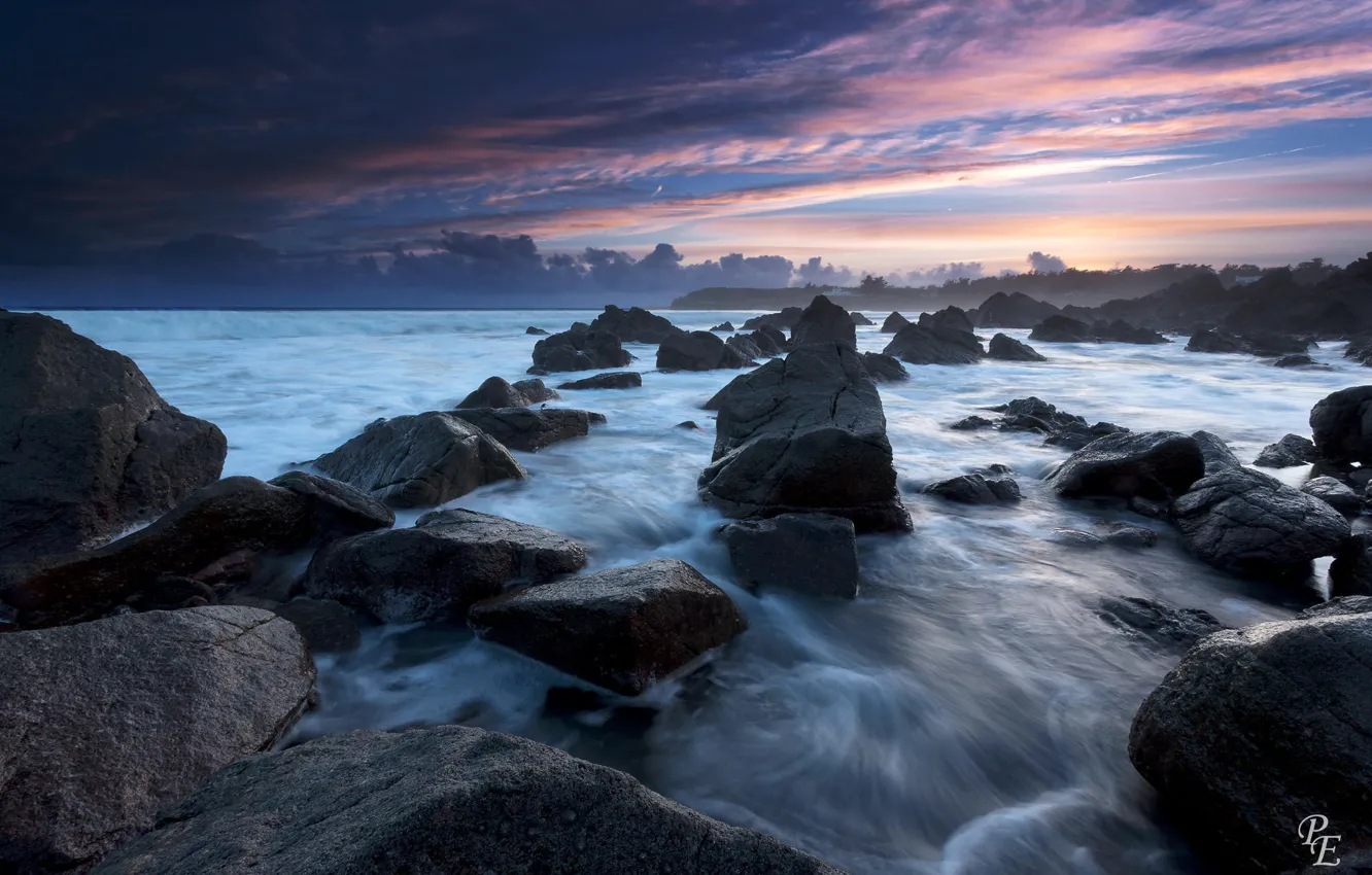 Photo wallpaper sea, landscape, stones, dawn, coast, twilight