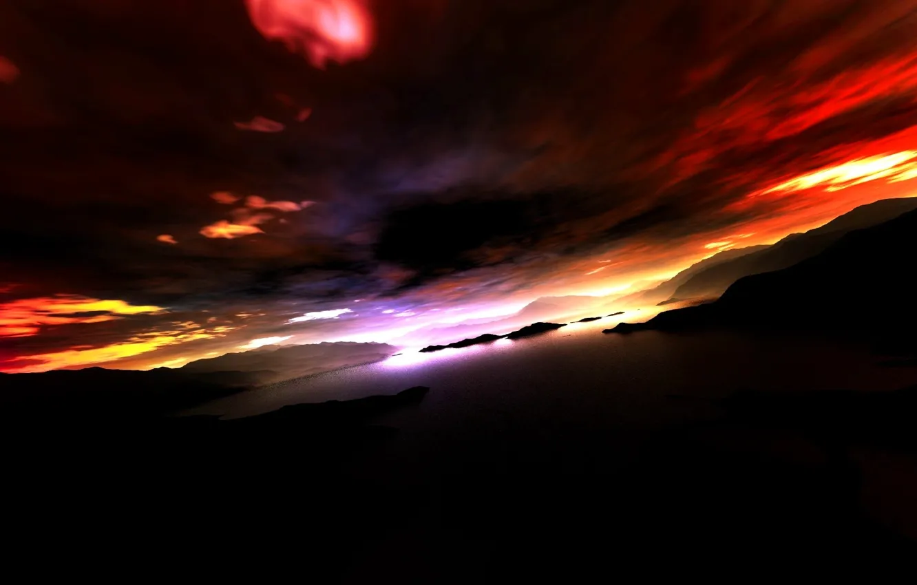 Photo wallpaper the sky, clouds, mountains, clouds, lake, island, glow