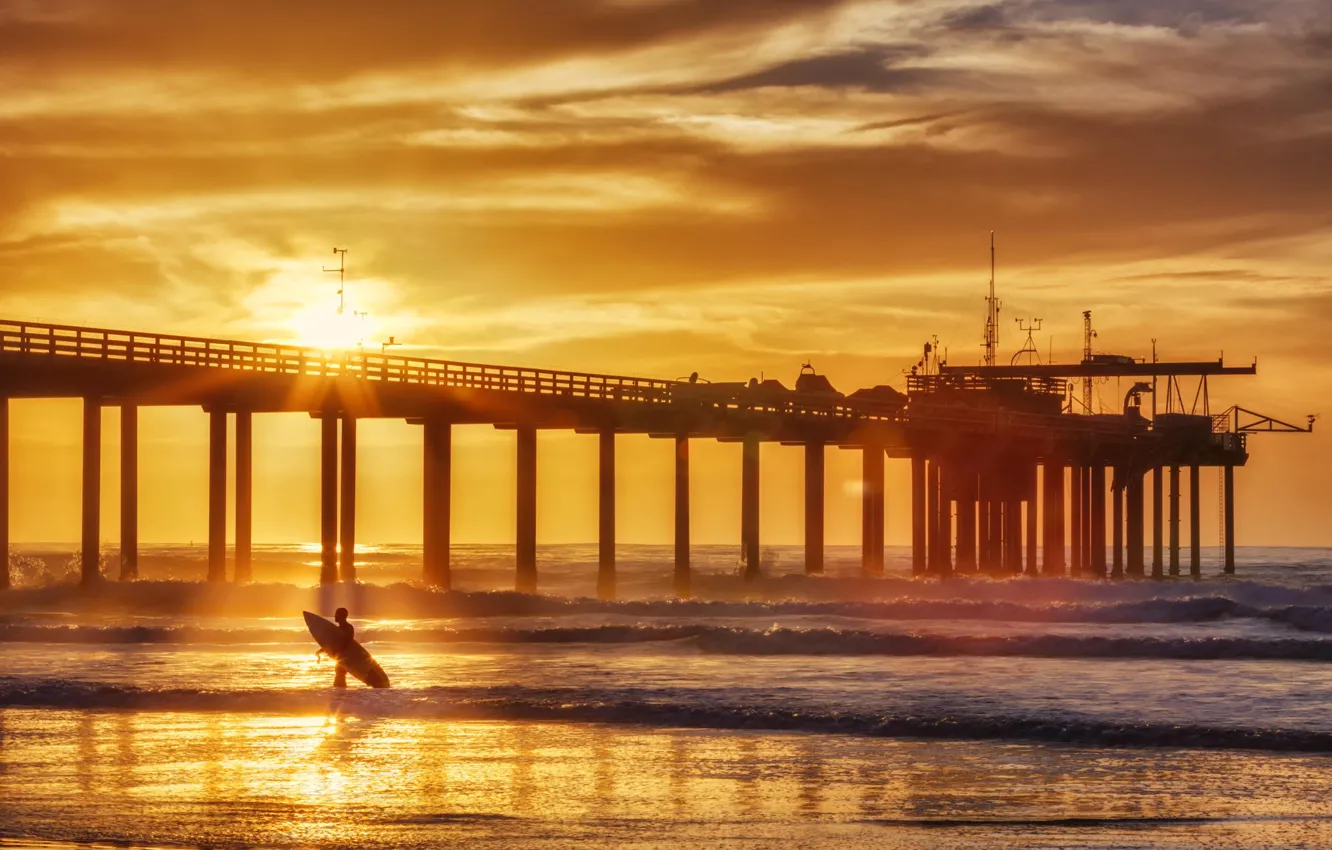 Photo wallpaper summer, sunset, the ocean, coast, surfer, pierce