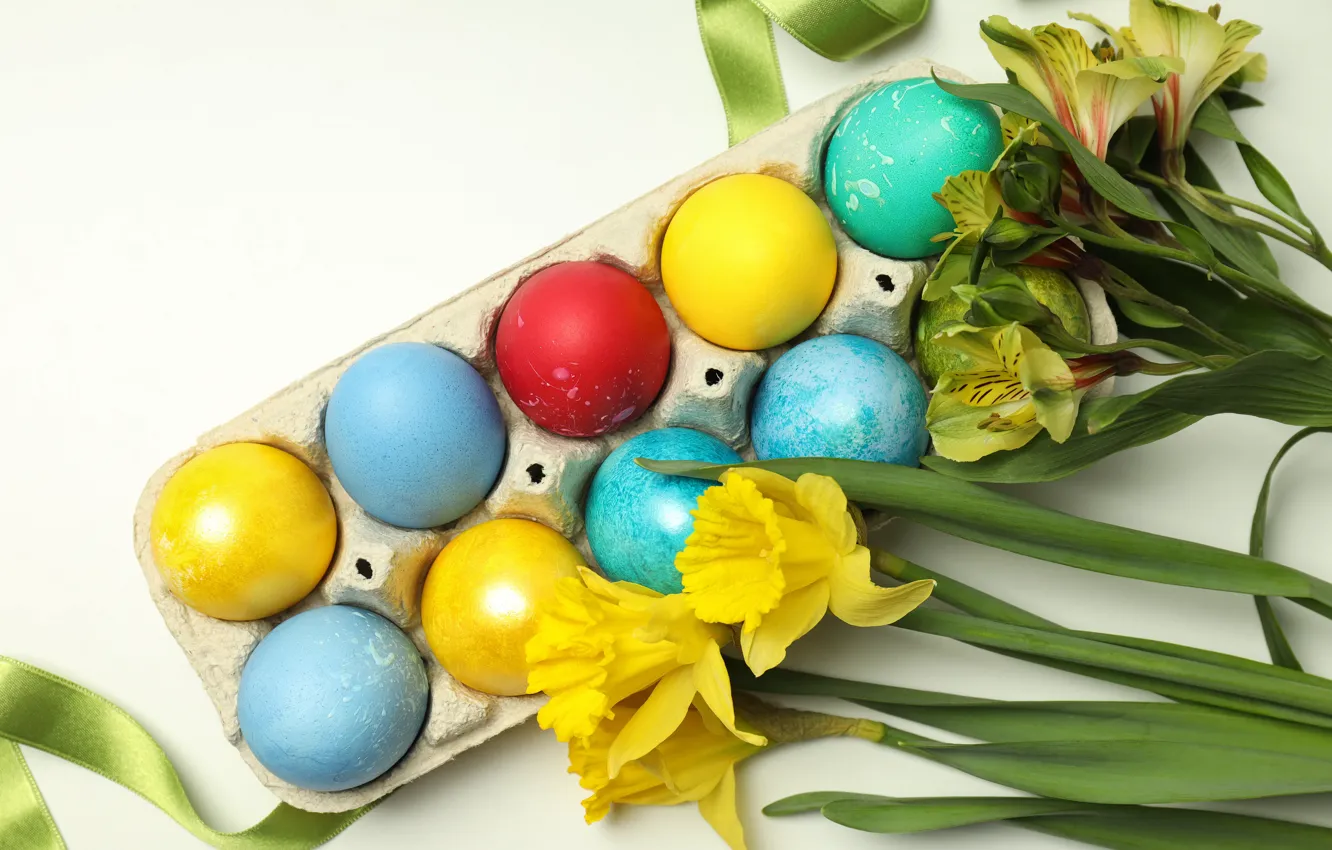 Photo wallpaper flowers, eggs, Easter, daffodils, eggs, Alstroemeria