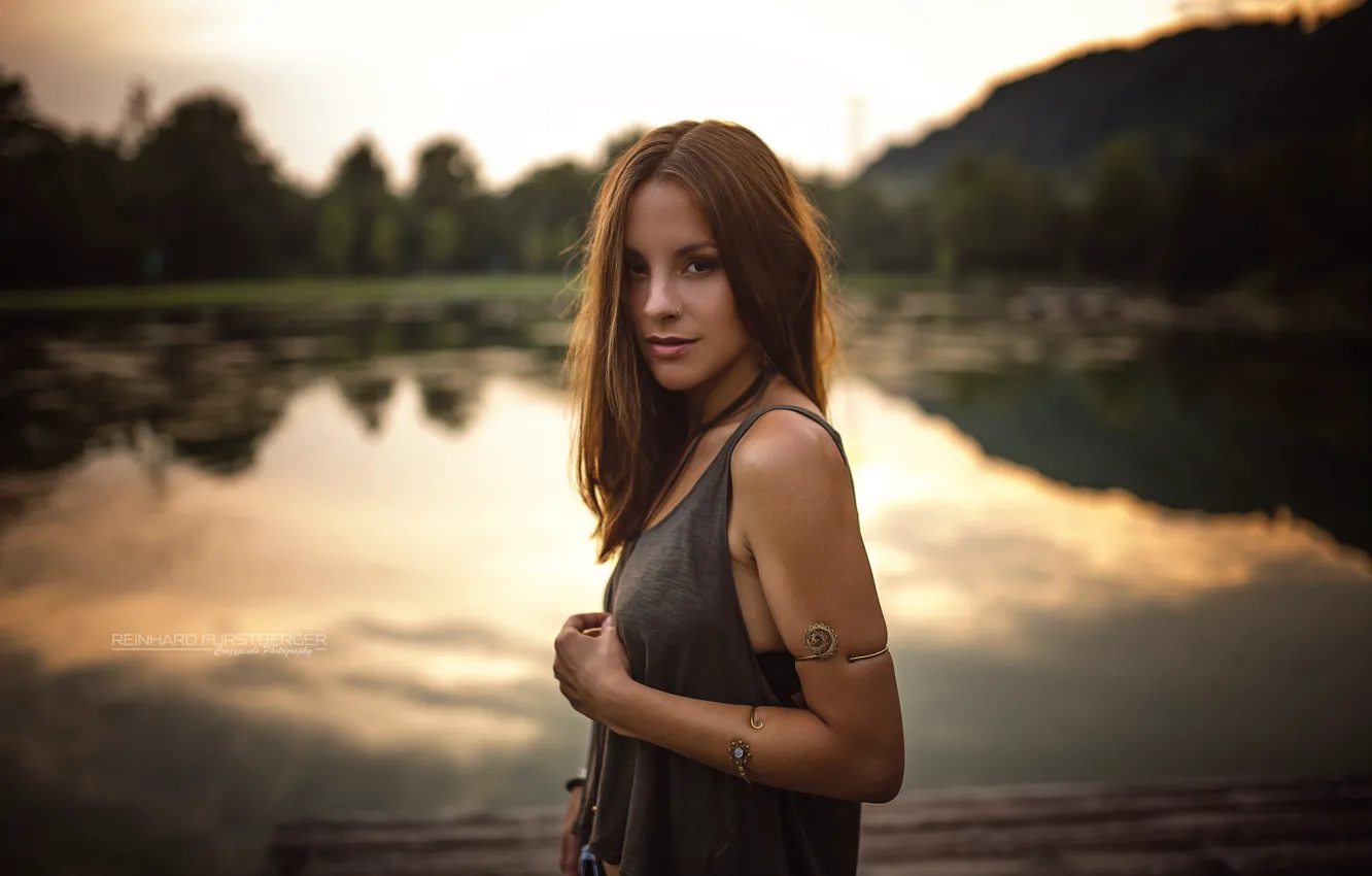 Photo wallpaper forest, look, decoration, landscape, pose, lake, model, portrait