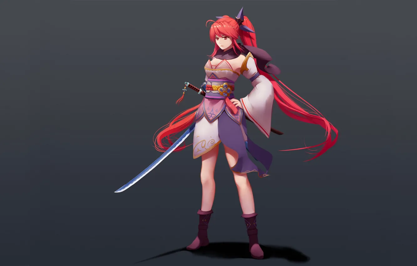 Photo wallpaper girl, sword, grey background, red hair
