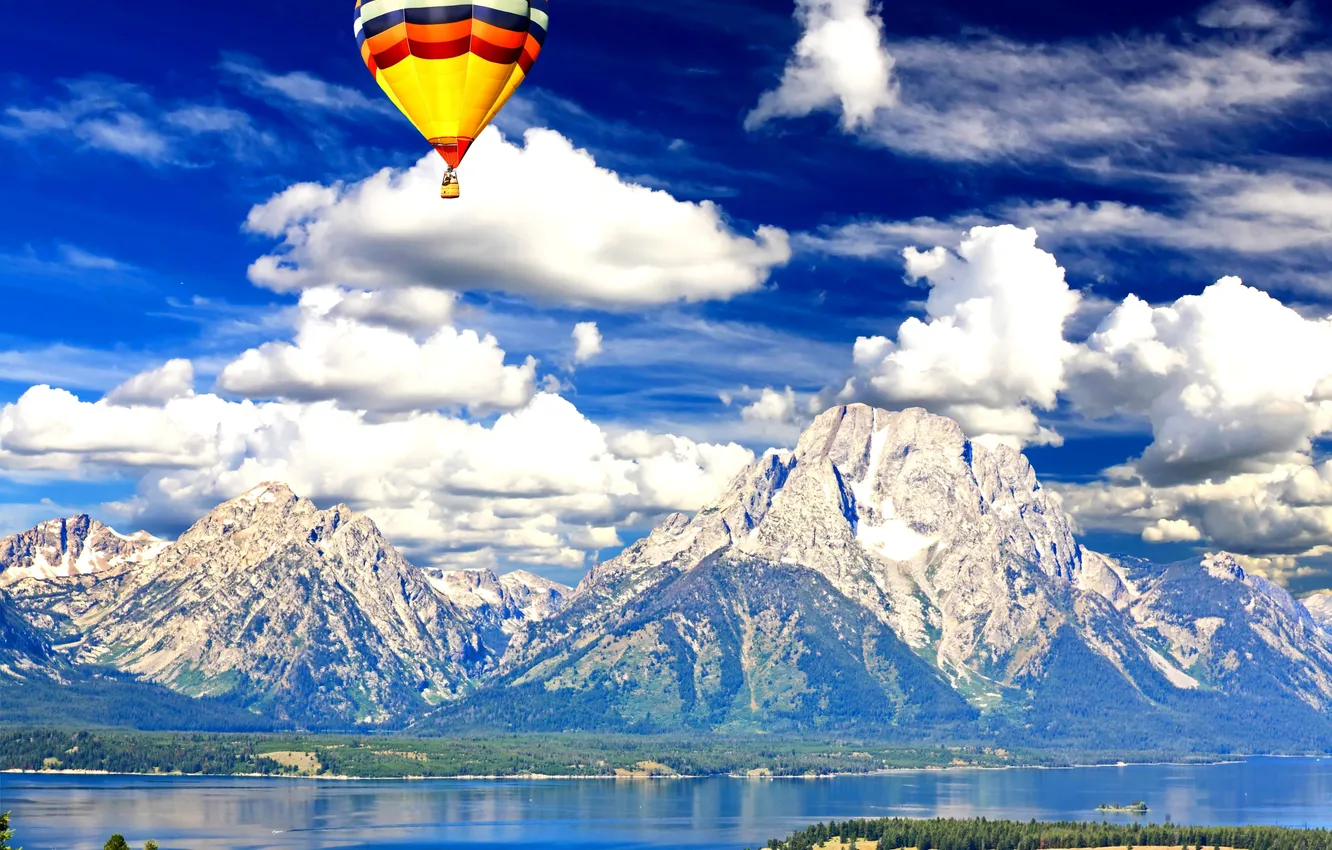 Photo wallpaper the sky, clouds, landscape, mountains, balloon, Wyoming, USA, America
