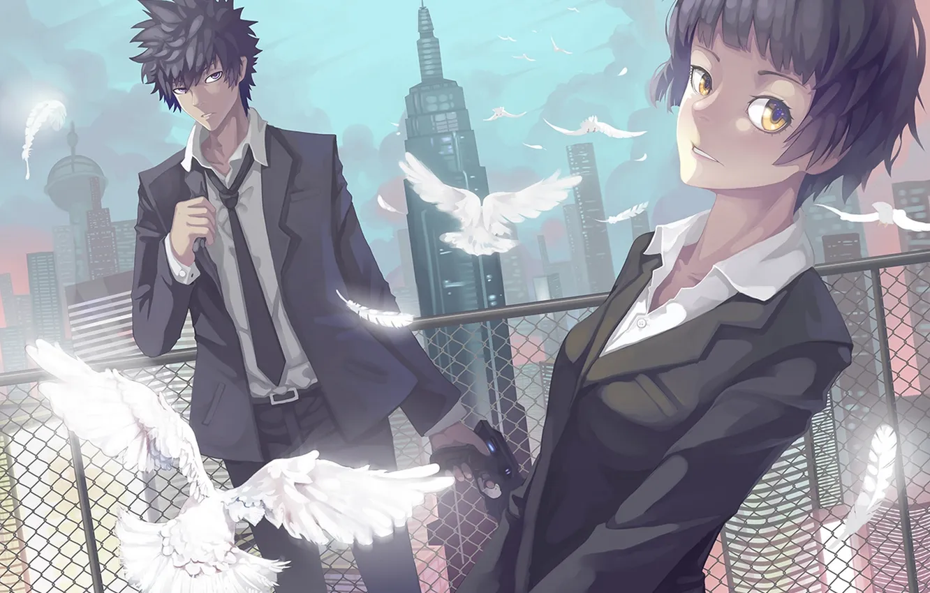 Photo wallpaper the sky, girl, clouds, the city, gun, weapons, bird, home