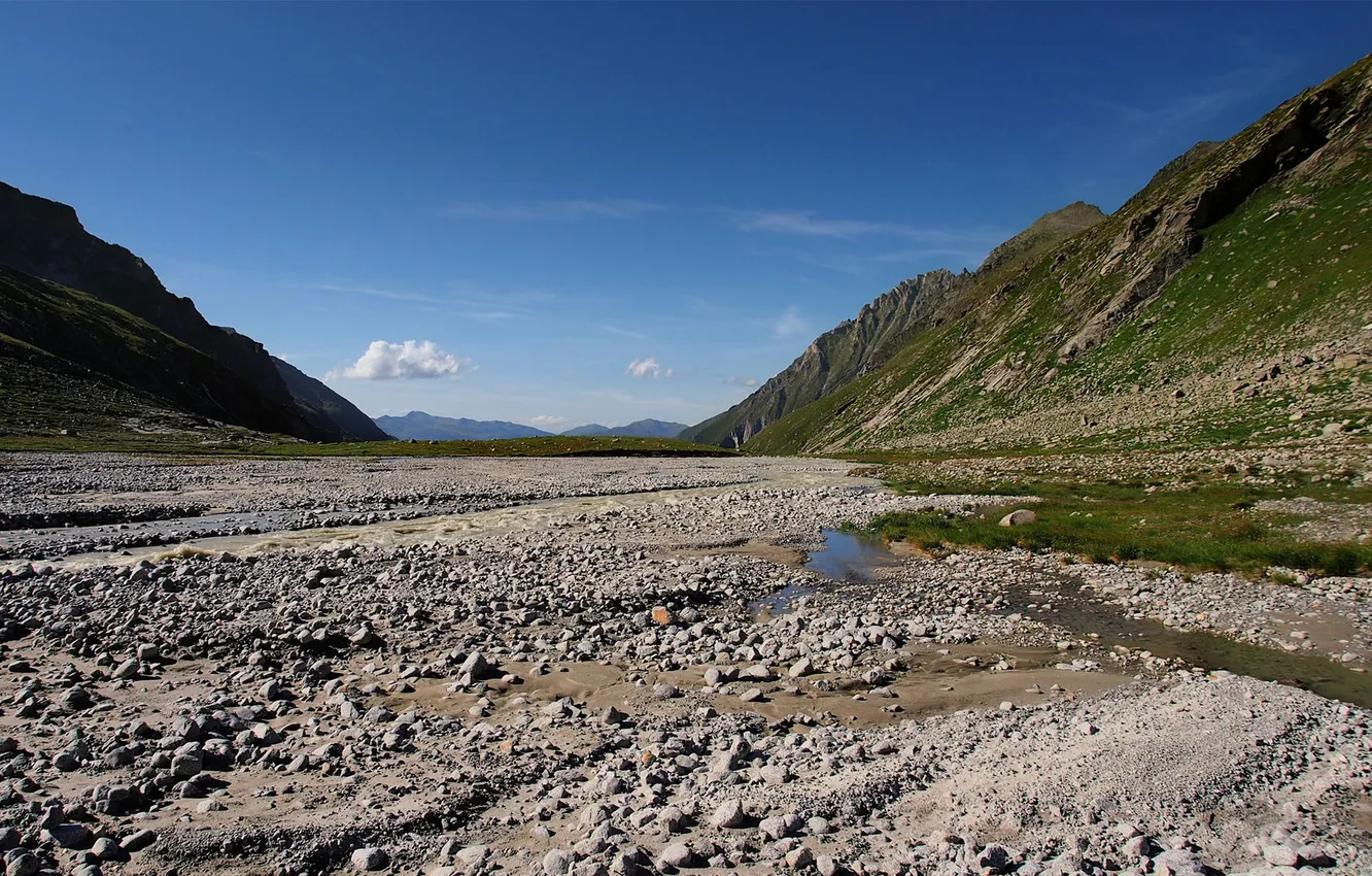 Photo wallpaper water, stones, hills, valley, puddle