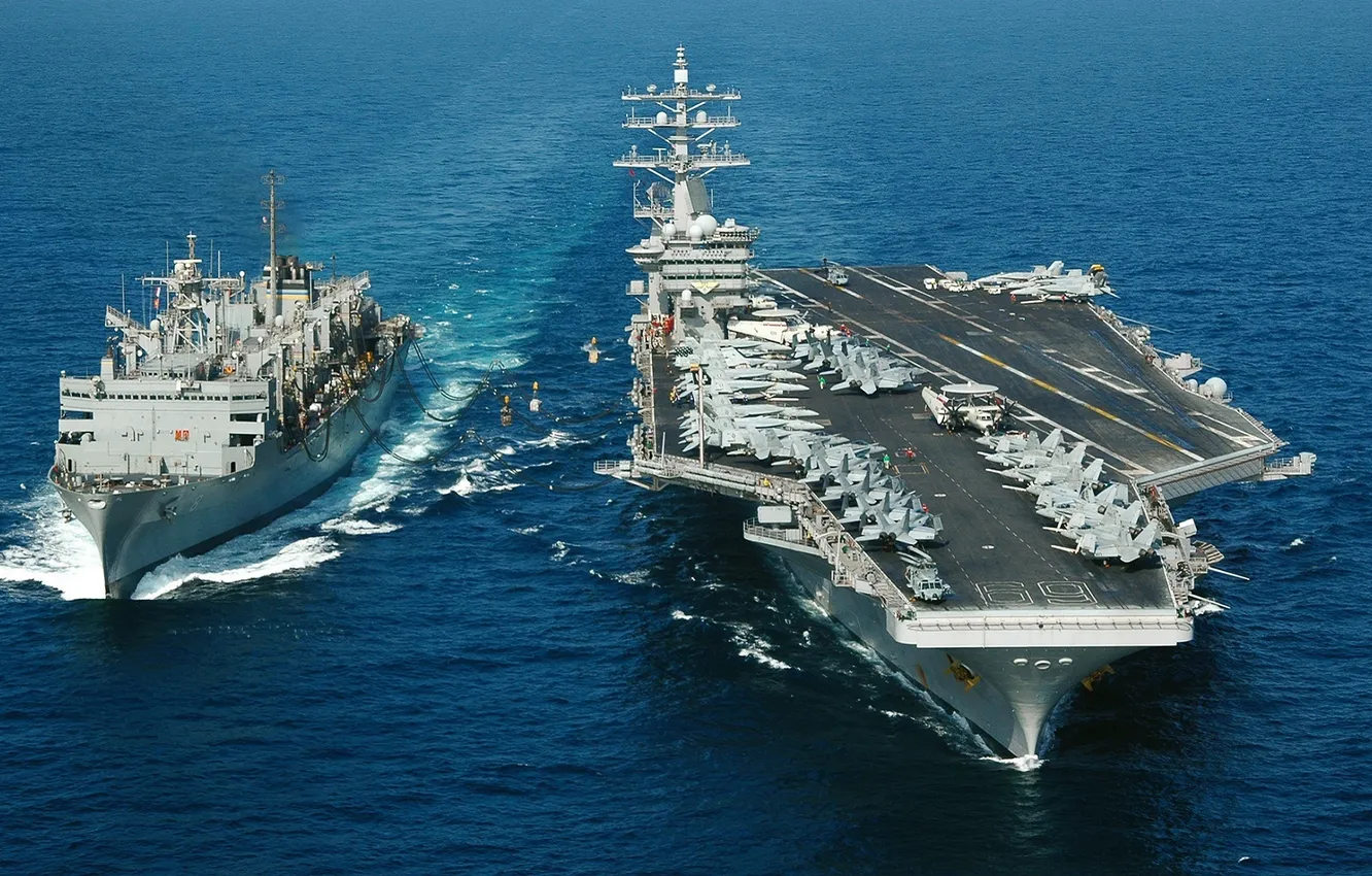Photo wallpaper sea, ship, the carrier, deck, the plane, hose, refueling