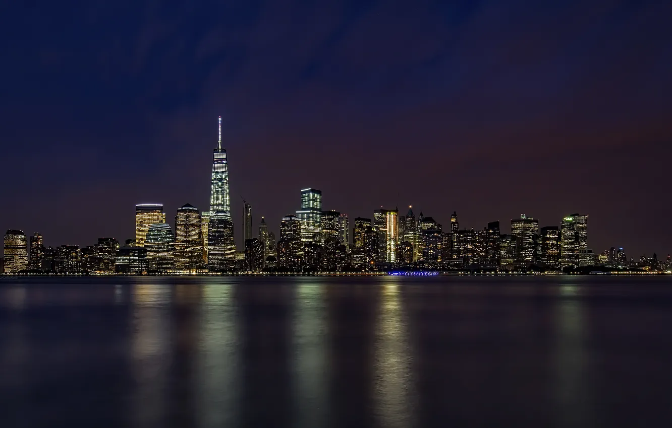 Photo wallpaper night, lights, reflection, New York, mirror, Manhattan, New Jersey, Jersey City