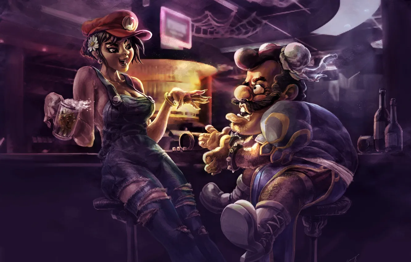 Photo wallpaper beer, bar, stand, street fighter, bar, Chun Li, Super Mario, changed