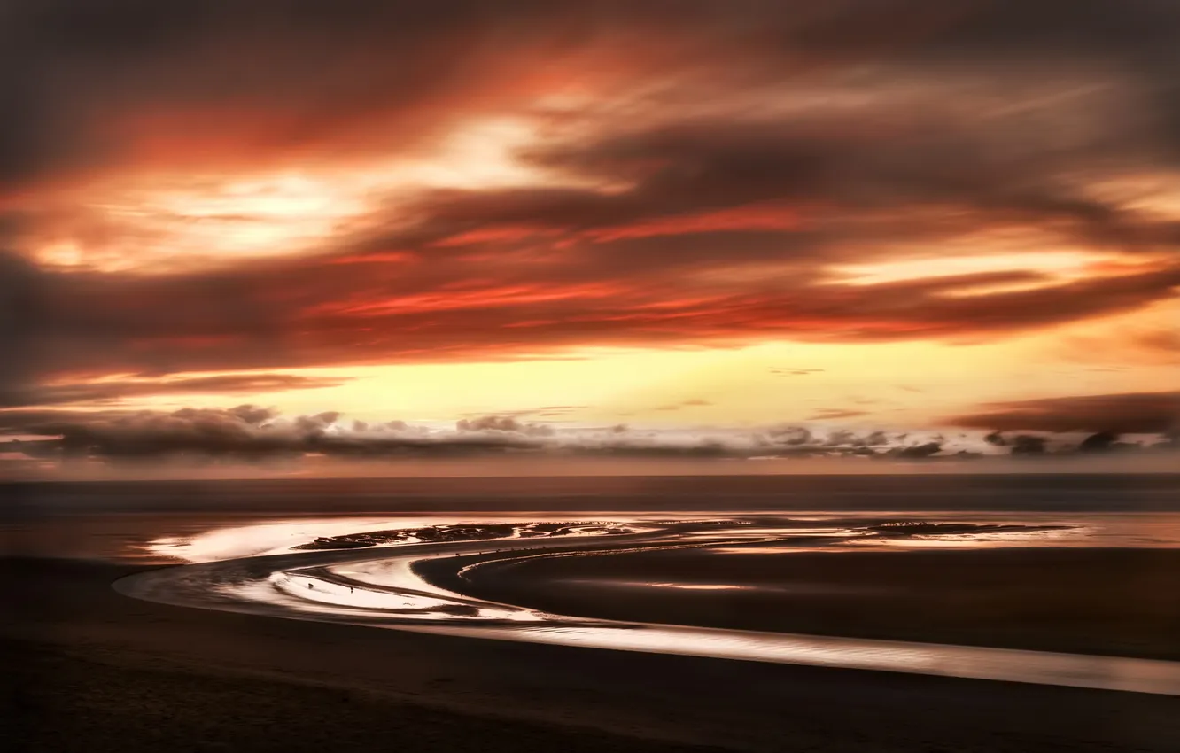 Photo wallpaper sea, the sky, clouds, sunset, shore, coast, horizon
