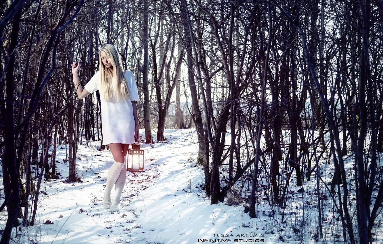Photo wallpaper winter, forest, snow, dress, blonde, lantern, knee