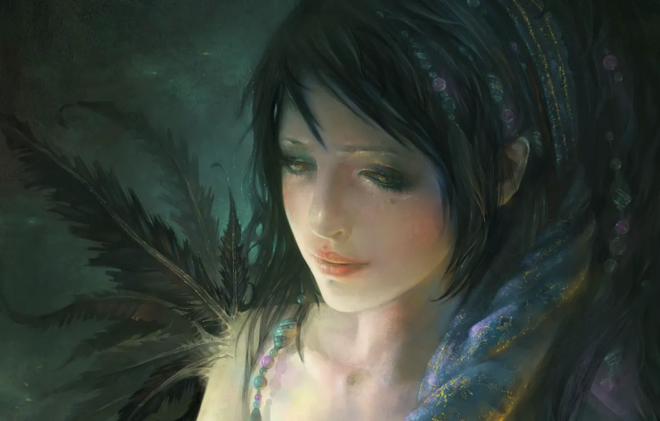 Photo wallpaper sadness, girl, reverie, face, figure, feathers, beads, shawl