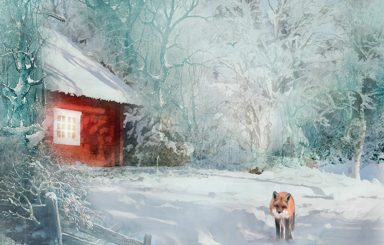 Photo wallpaper winter, snow, trees, rendering, Fox, house, photoart