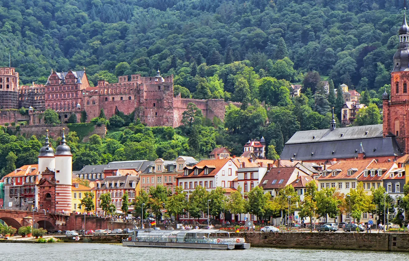 Photo wallpaper forest, bridge, river, castle, building, Germany, Church, promenade