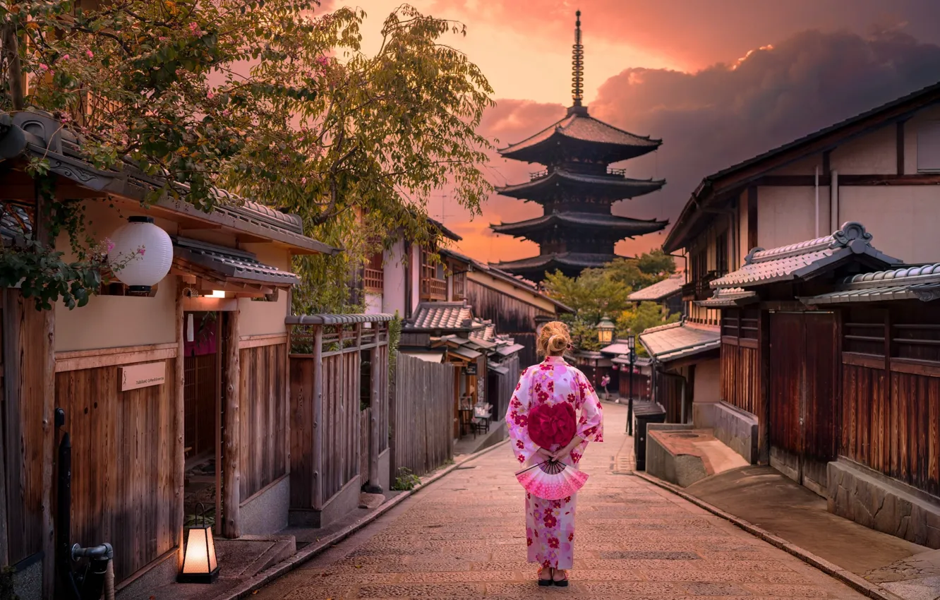 Photo wallpaper girl, sunset, the city, street, Japanese, Japan, houses, pagoda