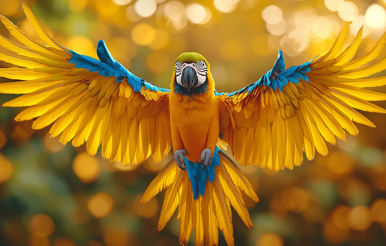 Photo wallpaper light, flight, yellow, glare, bird, parrot, bokeh, Ara