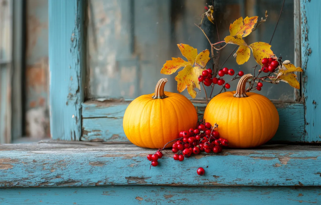 Photo wallpaper autumn, leaves, pumpkin, AI art, neural network