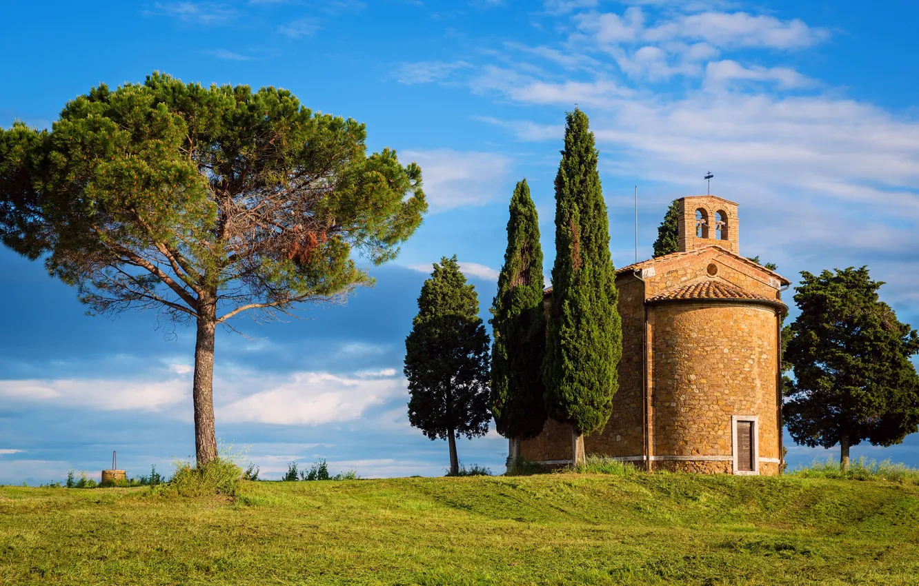 Photo wallpaper greens, the sky, grass, the sun, clouds, trees, hills, Italy
