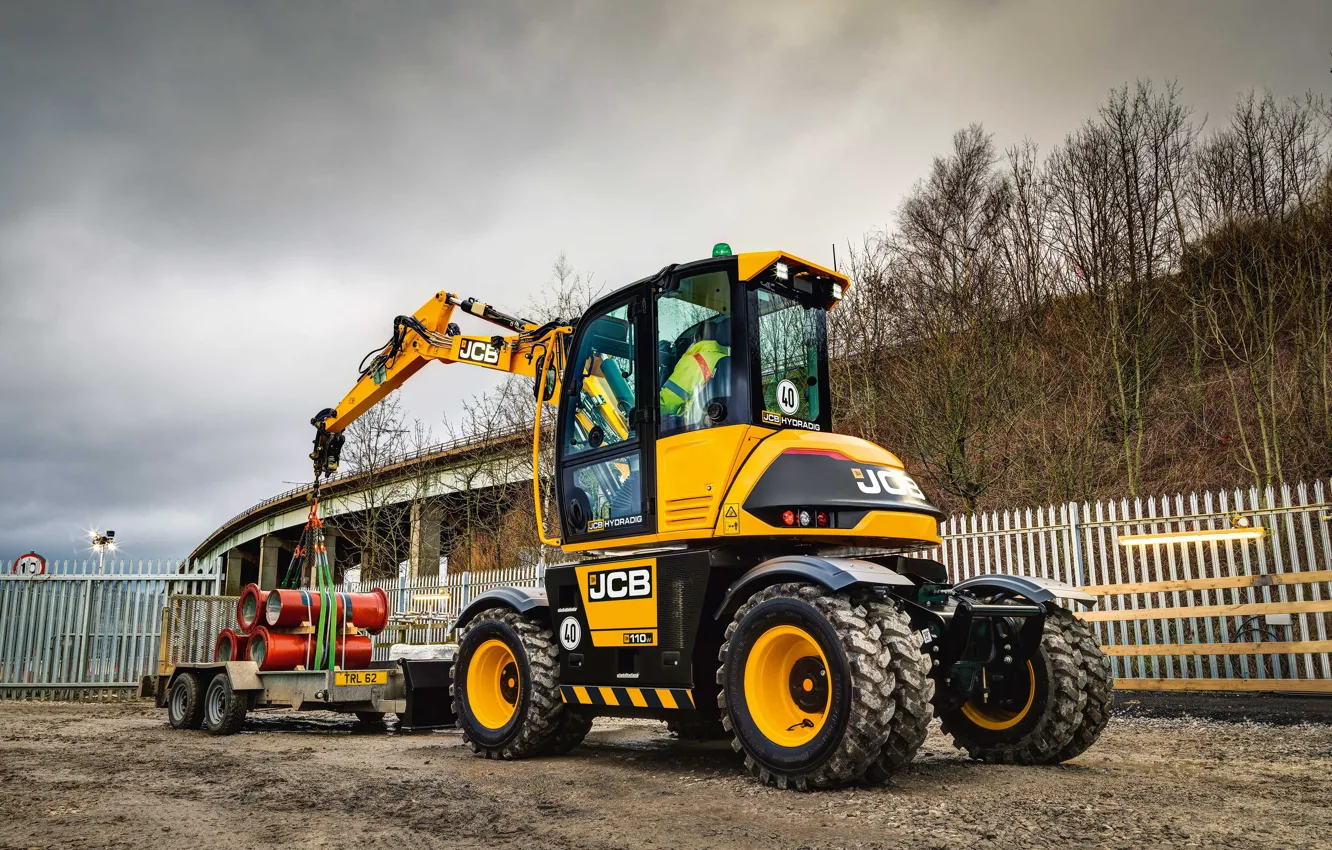 Photo wallpaper the sky, pipe, cabin, excavator, the trailer, wheel, JCB, the excavator boom