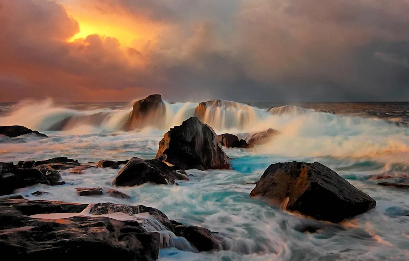 Photo wallpaper sea, the sky, clouds, storm, stones
