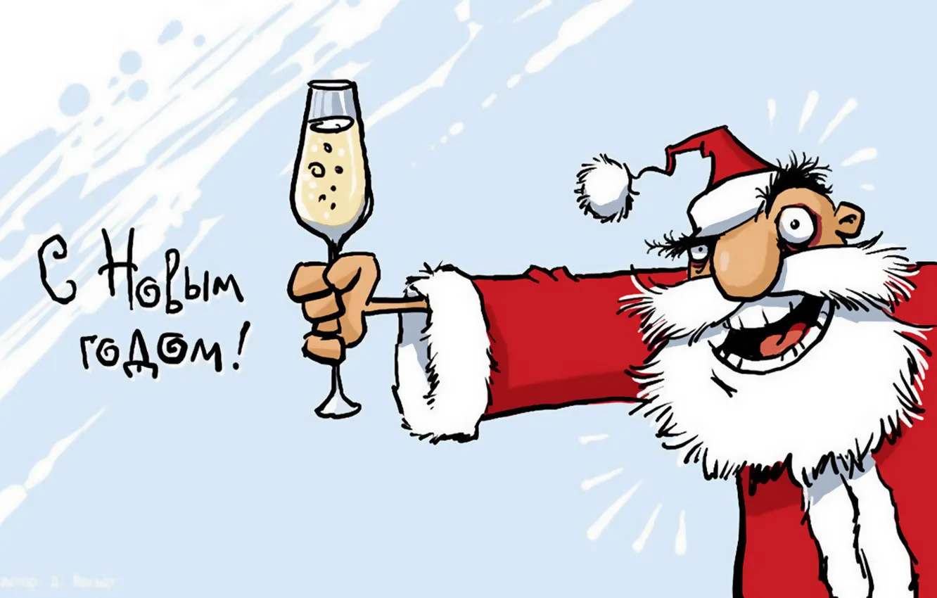 Photo wallpaper glass, new year, Santa Claus, champagne