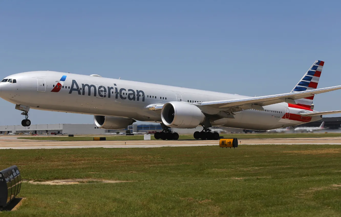 Photo wallpaper summer, the sky, strip, engine, wings, airport, Boeing, summer