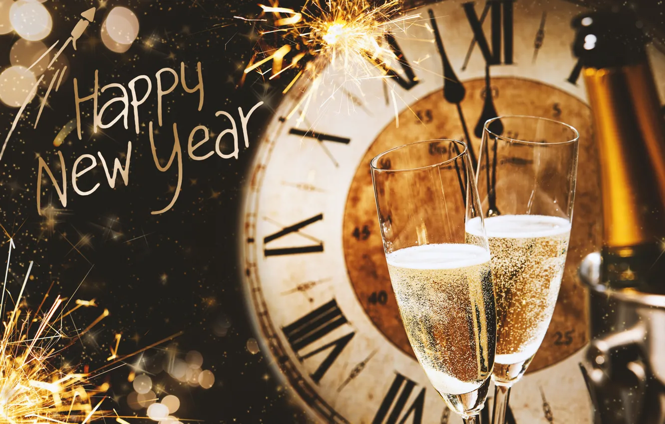 Photo wallpaper decoration, night, balls, watch, tree, New Year, glasses, champagne