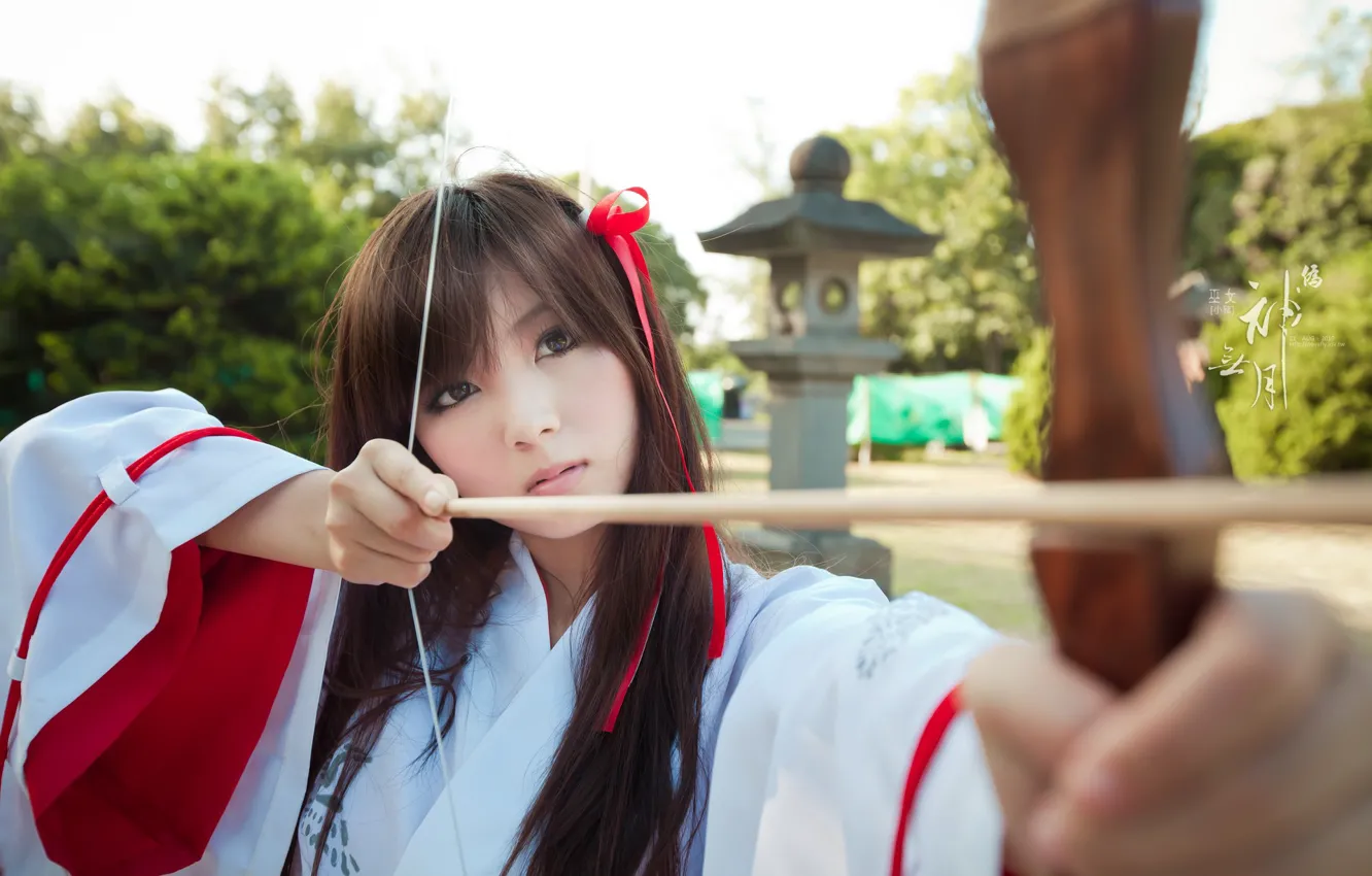 Photo wallpaper bow, kimono, Asian, brown eyes, string, cosplay, brown eyes, cosplay