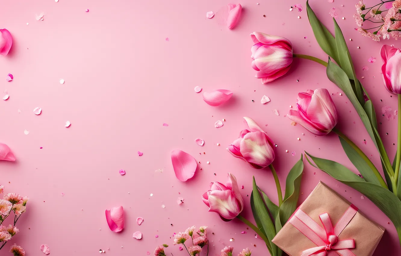 Photo wallpaper flowers, holiday, bouquet, spring, tulips, March 8, AI art, universal holiday background