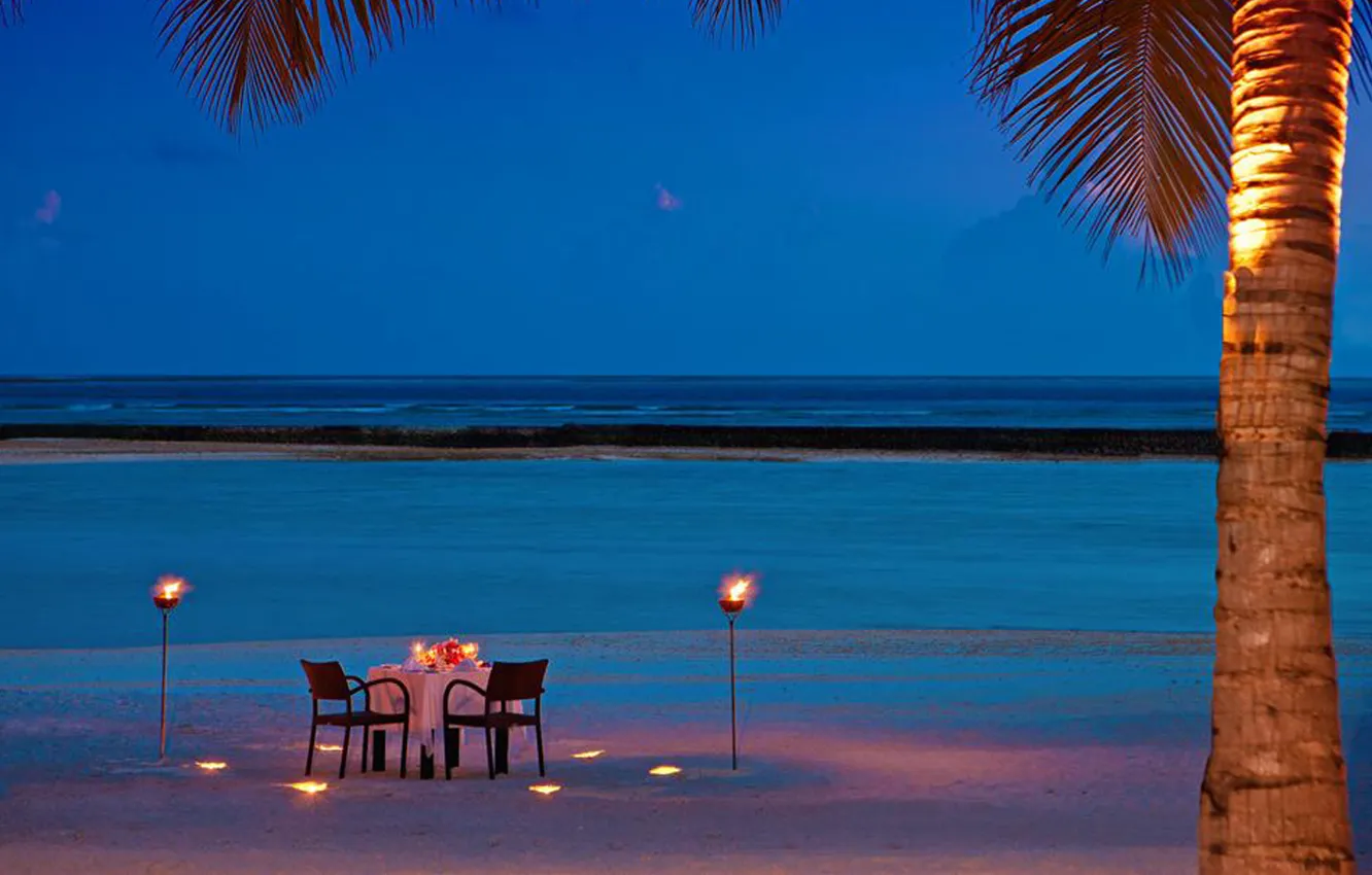 Photo wallpaper beach, the ocean, romance, the evening, torch, dinner
