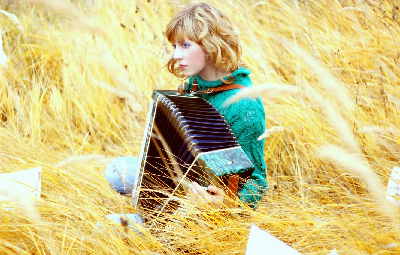Photo wallpaper field, grass, girl, leaf, spikelets, blonde, straw, accordion