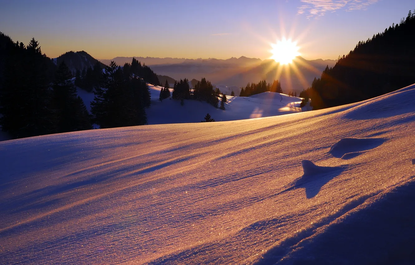 Photo wallpaper landscape, sunset, mountains, nature