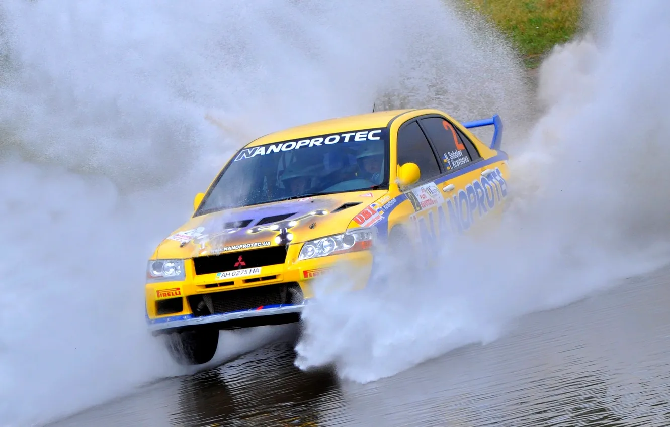 Photo wallpaper auto, water, squirt, yellow, sport, Mitsubishi, Lancer, Evolution