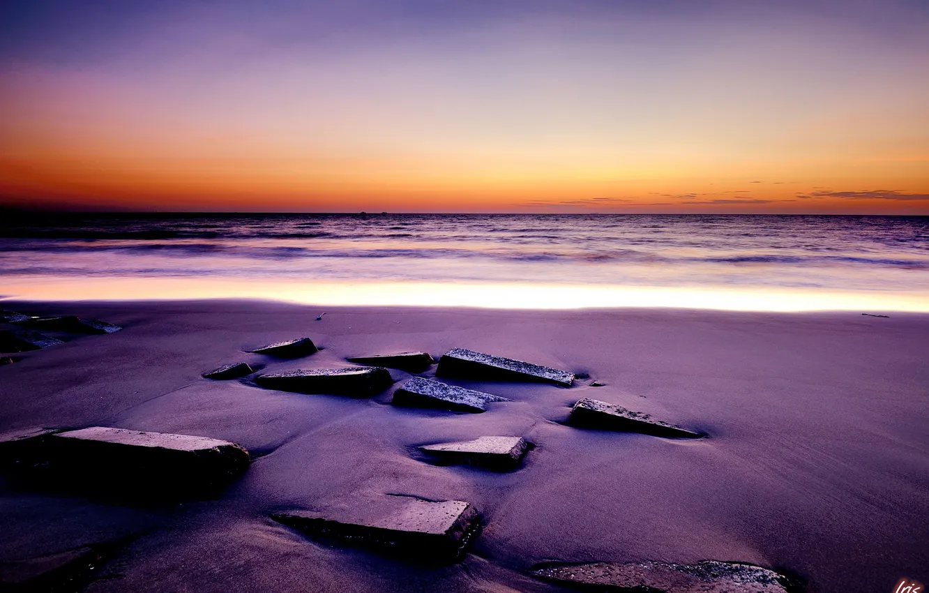 Photo wallpaper sand, sea, sunset, stones, square