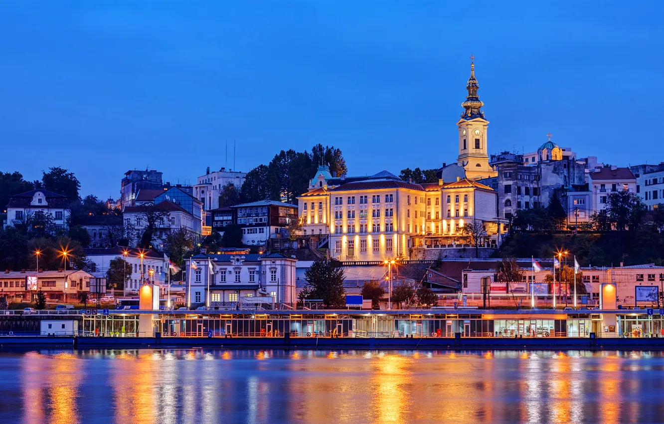 Photo wallpaper the sky, trees, the city, river, building, home, architecture, Serbia