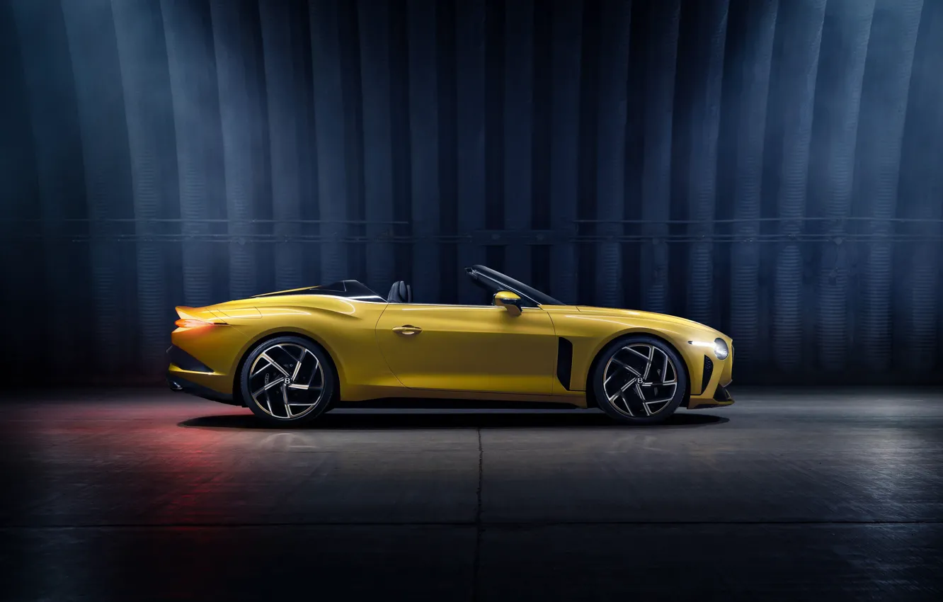 Photo wallpaper yellow, bentley, yellow, convertible coupe, cabriolet, dark blue background, 2020, mulliner