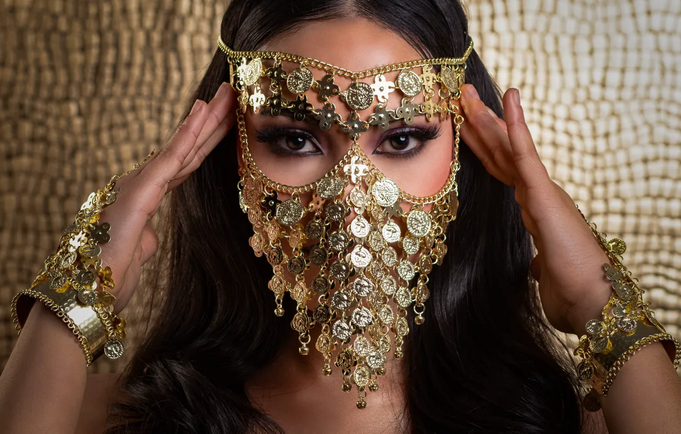 Photo wallpaper eyes, look, girl, decoration, face, hands, brunette, East