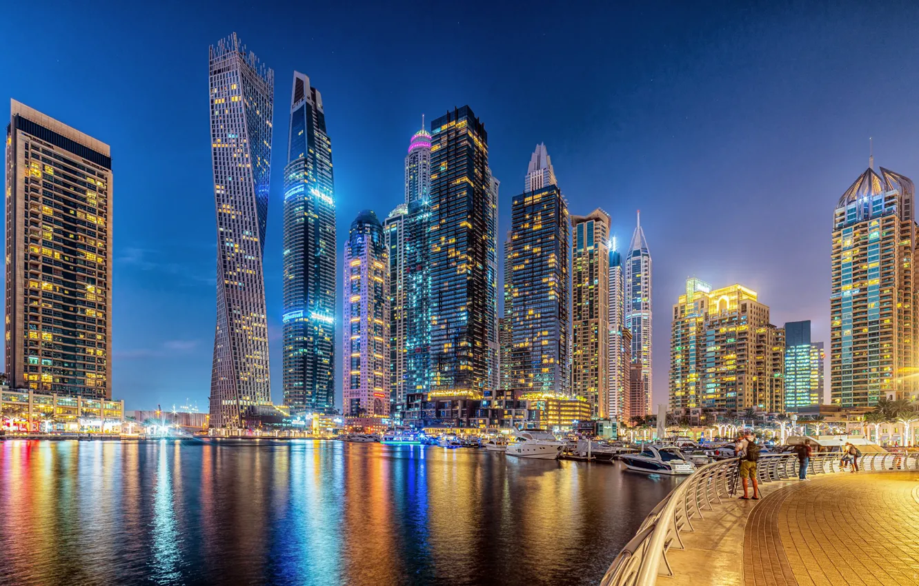Photo wallpaper building, Dubai, architecture, night city, Dubai, promenade, skyscrapers, harbour