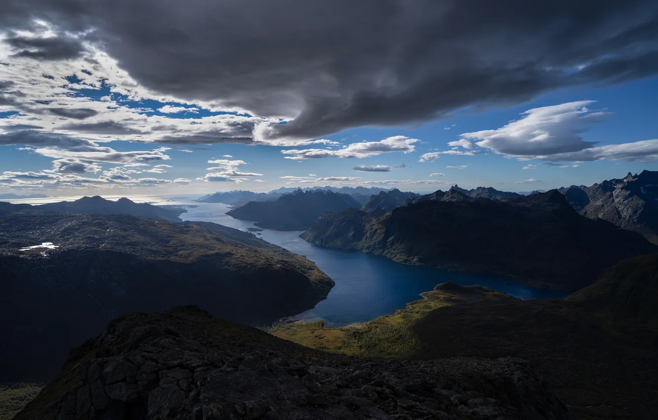 Photo wallpaper clouds, mountains, Norway, the fjord, The Lofoten Islands