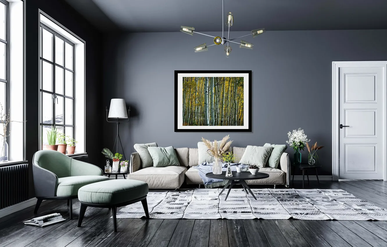 Photo wallpaper design, style, interior, modern living room, The combination of colors, soft grey and pastel, Grey …