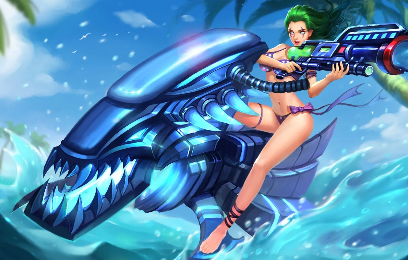 Photo wallpaper sea, water, girl, gun, hon, bike, Heroes of Newerth, Archer