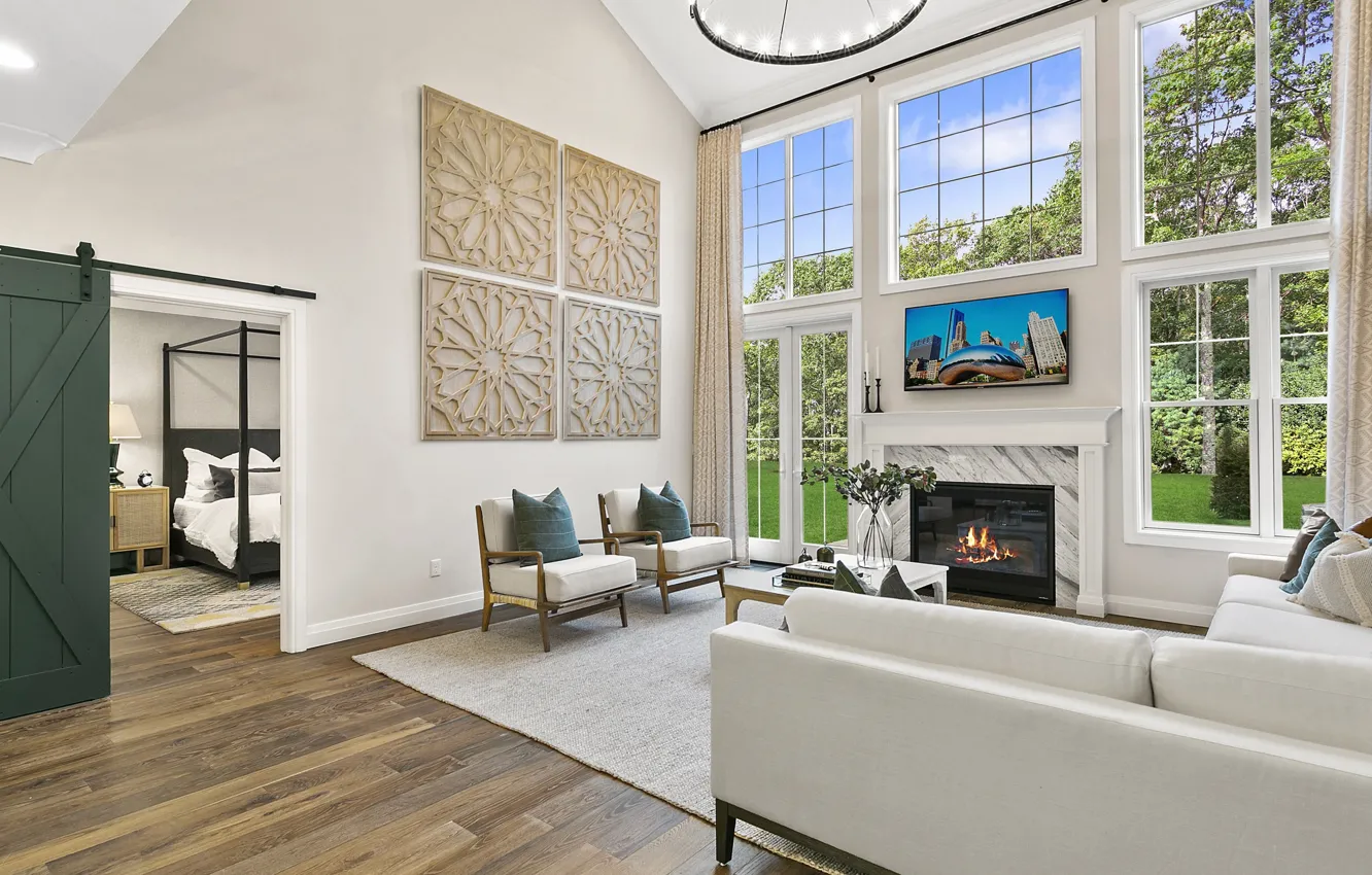 Photo wallpaper Villa, interior, fireplace, living room, Beechwood Home