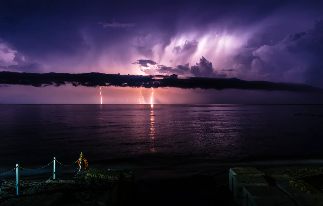Photo wallpaper sea, the storm, clouds, night, clouds, nature, lightning, Italy