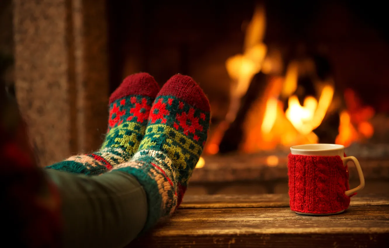 Photo wallpaper comfort, heat, Cup, fireplace, legs, socks