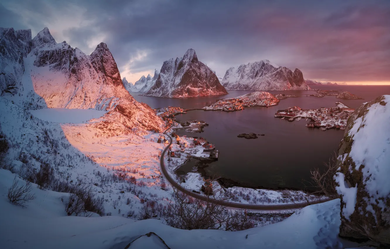 Photo wallpaper winter, light, mountains, the fjord, The Lofoten Islands