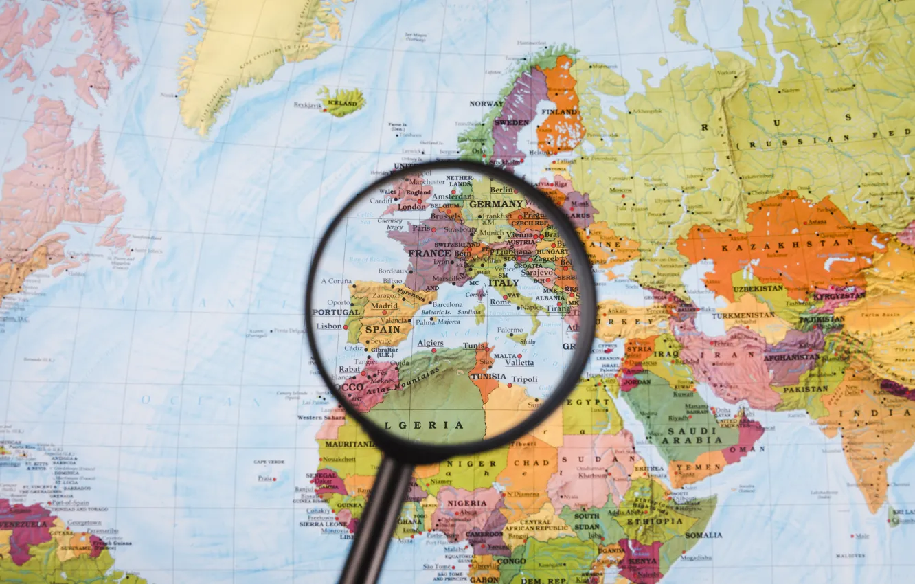 Photo wallpaper France, magnifying glass, Spain, map, Europe