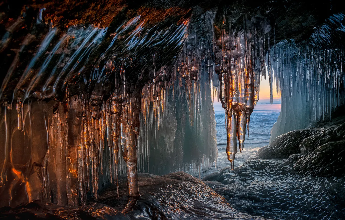 Photo wallpaper ice, winter, nature, lake, icicles, Baikal, cave